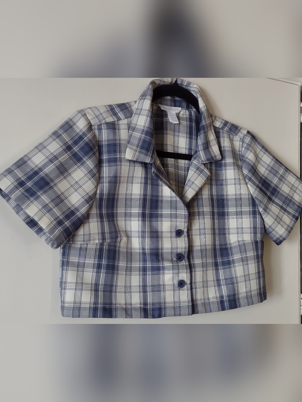Full Tilt Cropped Blue Plaid Collared Button Front Jacket Size L